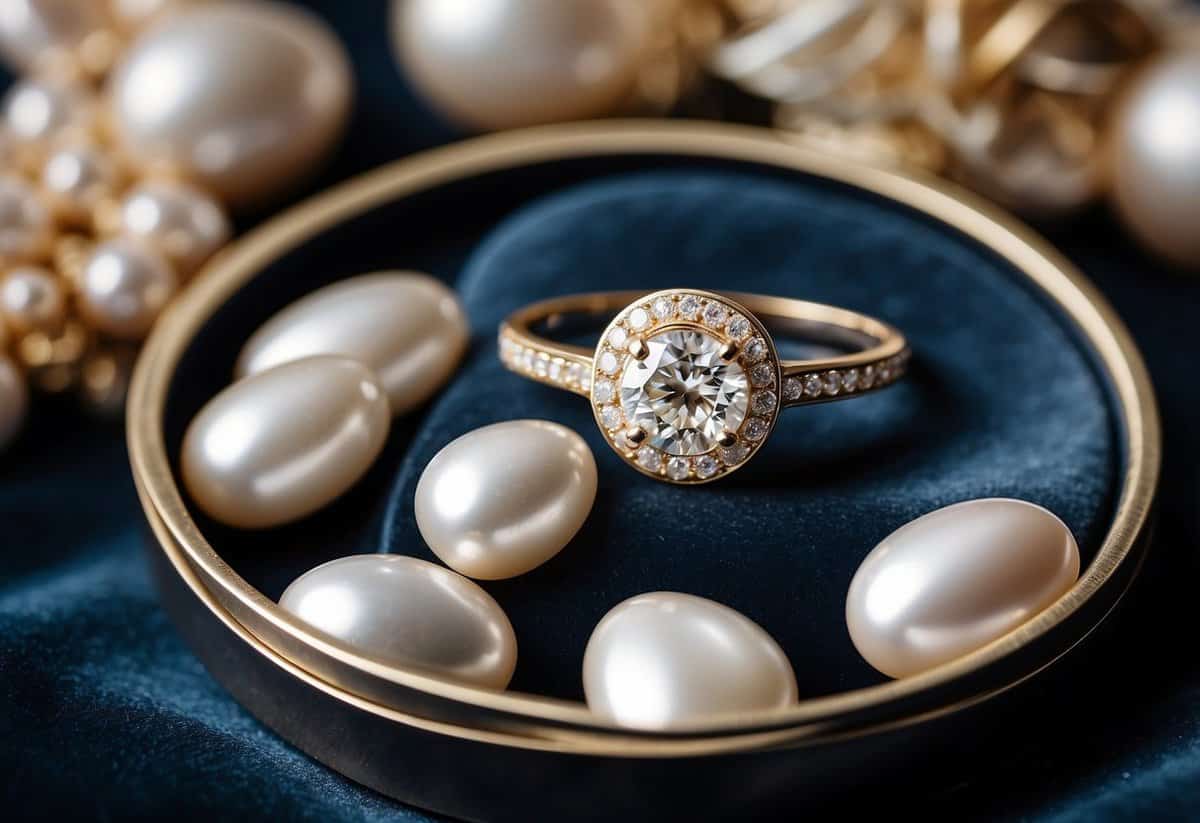 A sparkling diamond engagement ring sits on a velvet jewelry tray, surrounded by delicate pearl earrings and a shimmering silver bracelet