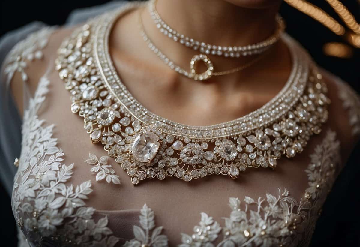 A white lace wedding dress adorned with sparkling diamond earrings and a matching necklace, displayed on a velvet jewelry stand