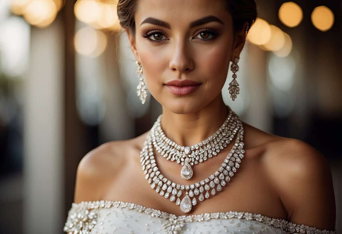 A sparkling diamond necklace drapes elegantly over a lace-trimmed neckline, complemented by delicate earrings and a shimmering bracelet