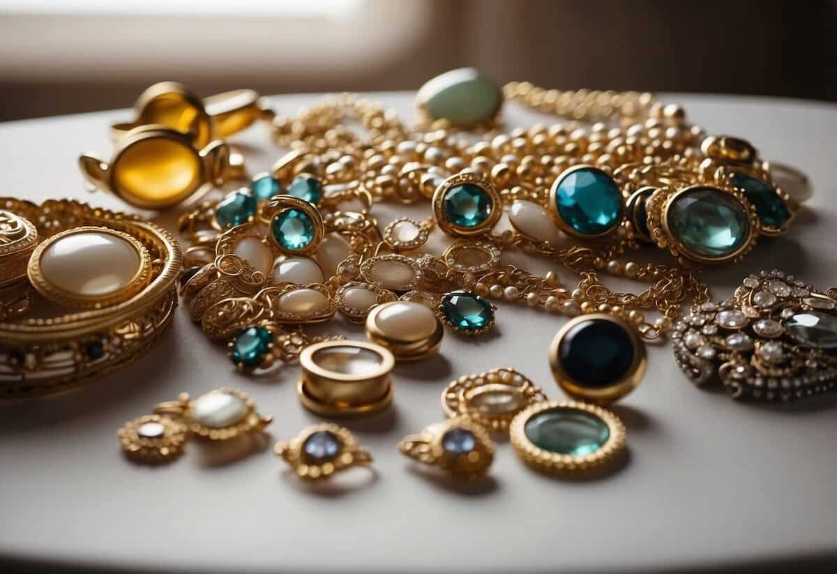 A table adorned with vintage family heirloom jewelry, including delicate necklaces, sparkling earrings, and ornate brooches