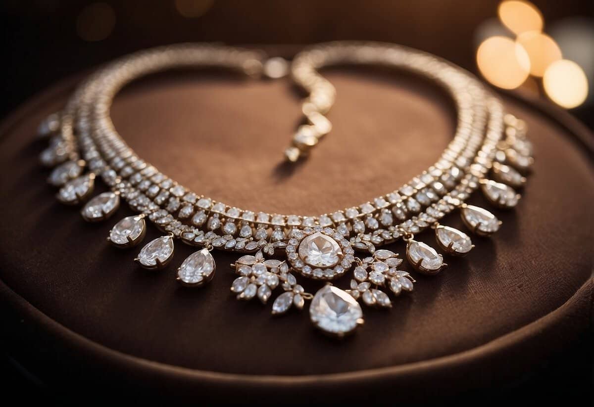 A sparkling statement necklace hangs on a velvet display, catching the light in a glamorous bridal setting