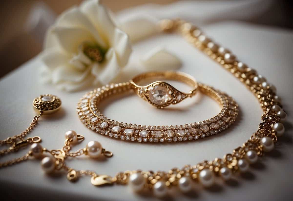 A bride's jewelry laid out on a table, with a simple necklace, earrings, and bracelet, accompanied by a note saying "Don't over-accessorize."