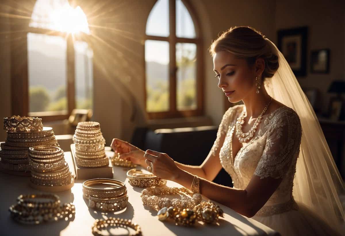 A bride sits at a vanity, carefully selecting her wedding jewelry from an array of sparkling earrings, necklaces, and bracelets. The sunlight streams in through the window, casting a warm glow on the shimmering gems