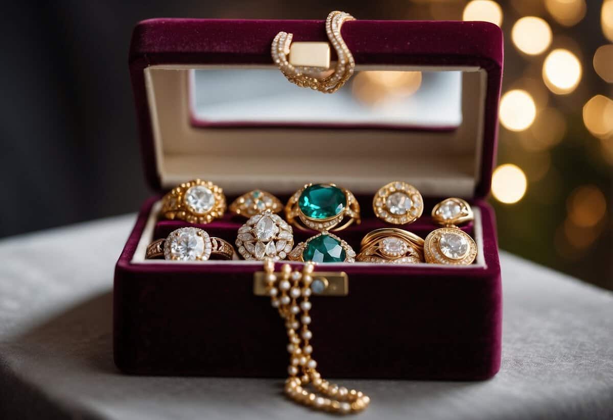 A jewelry box with a variety of wedding jewelry pieces, including rings, necklaces, and earrings, displayed on a velvet-lined tray. A small polishing cloth and a bottle of jewelry cleaner are also visible