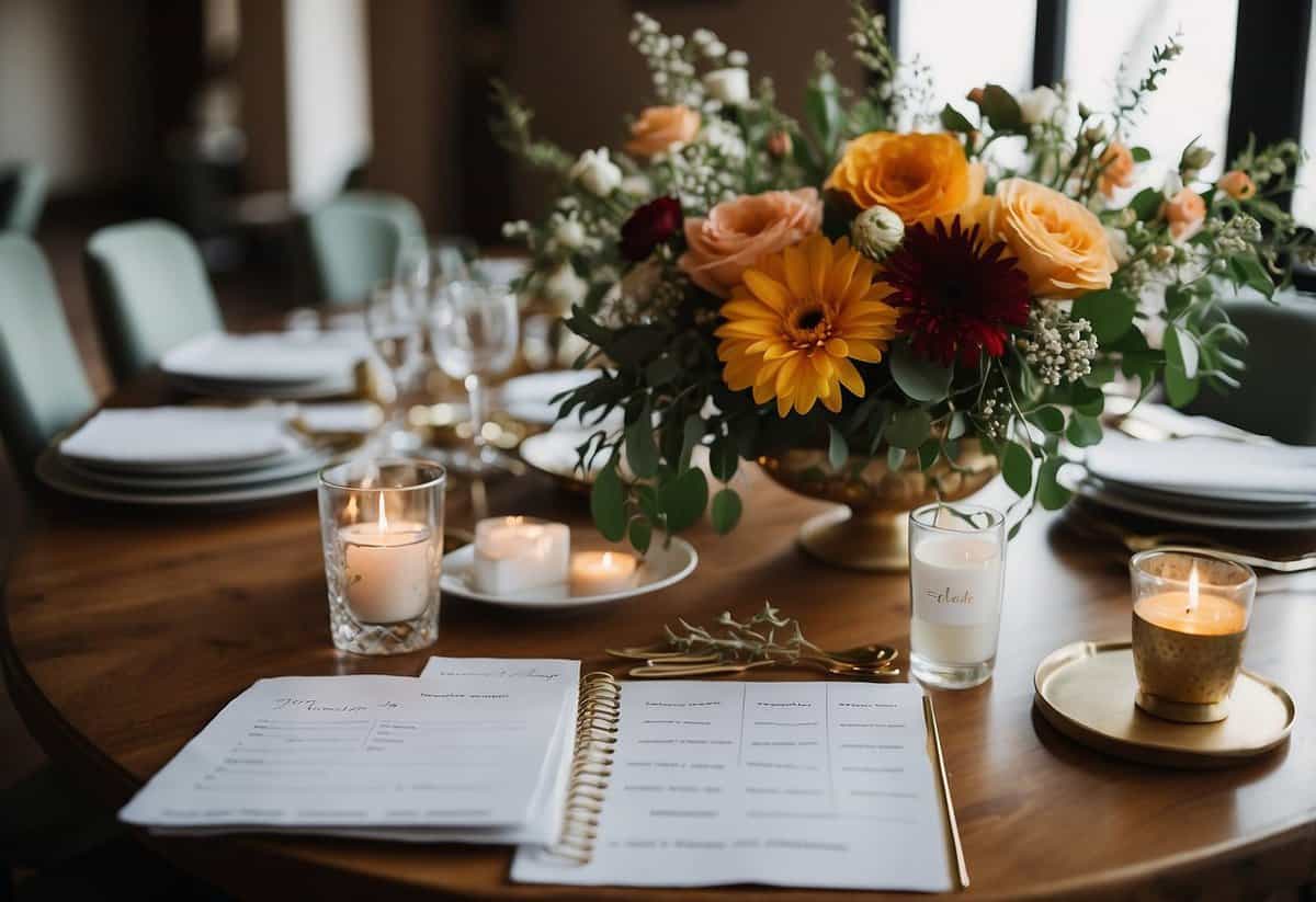A table with seating charts, floral arrangements, and place cards. A wedding planner's notebook with checklists and timelines. A computer with spreadsheets and vendor contracts