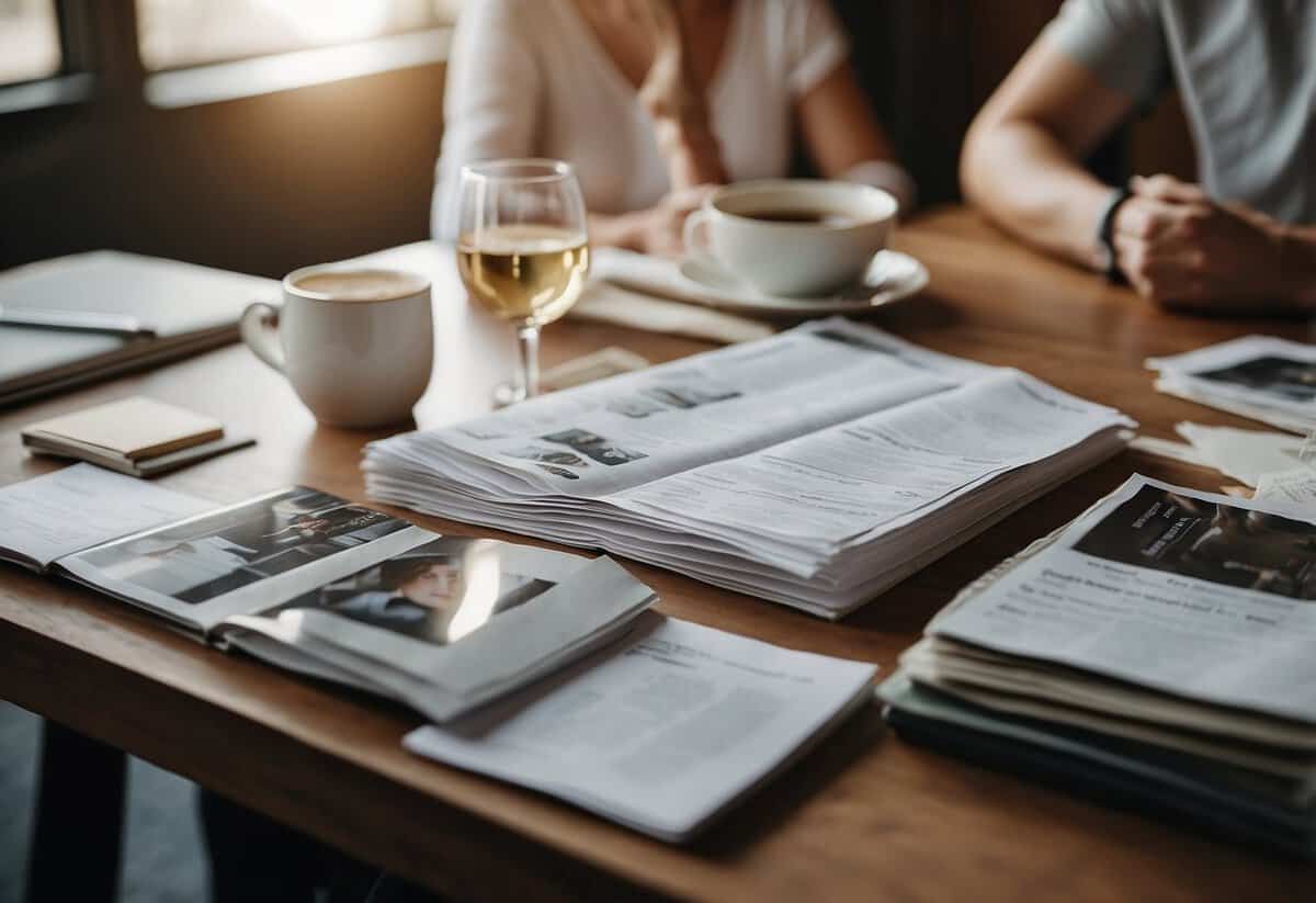 A couple sits at a table covered in spreadsheets and wedding magazines, carefully planning and organizing their budget wedding