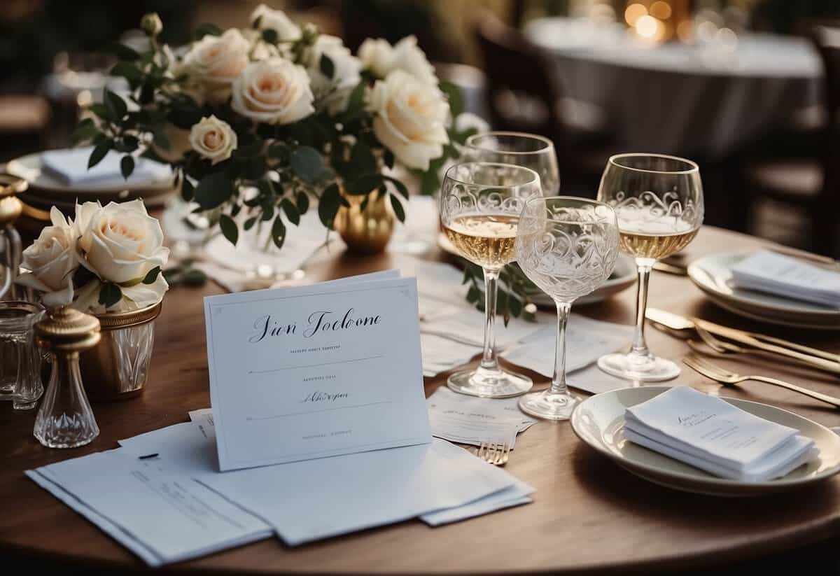 A table with a neatly organized guest list, surrounded by wedding planning materials and a checklist