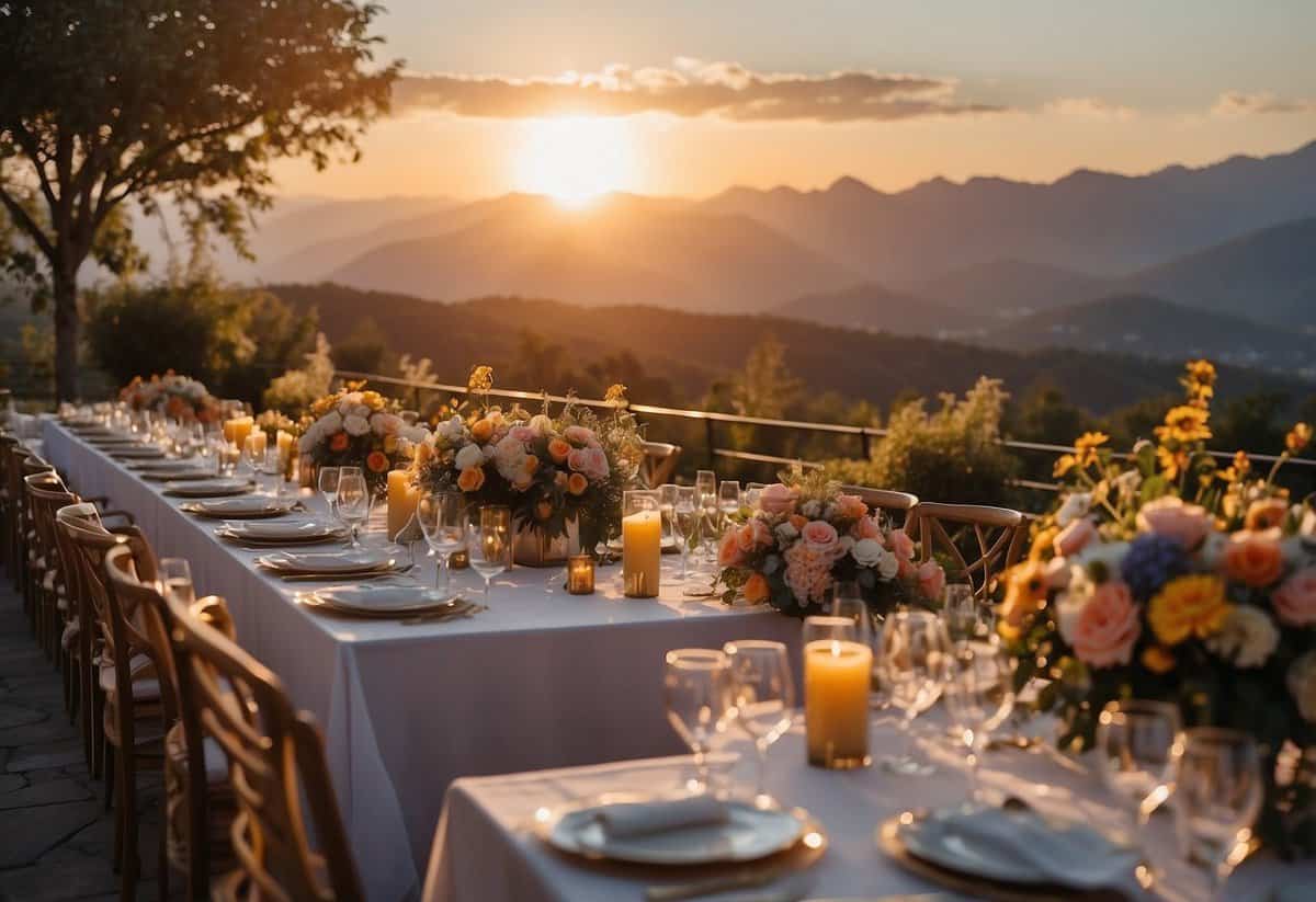 A beautiful outdoor wedding venue with colorful flowers, elegant decorations, and a stunning view of the sunset over the mountains