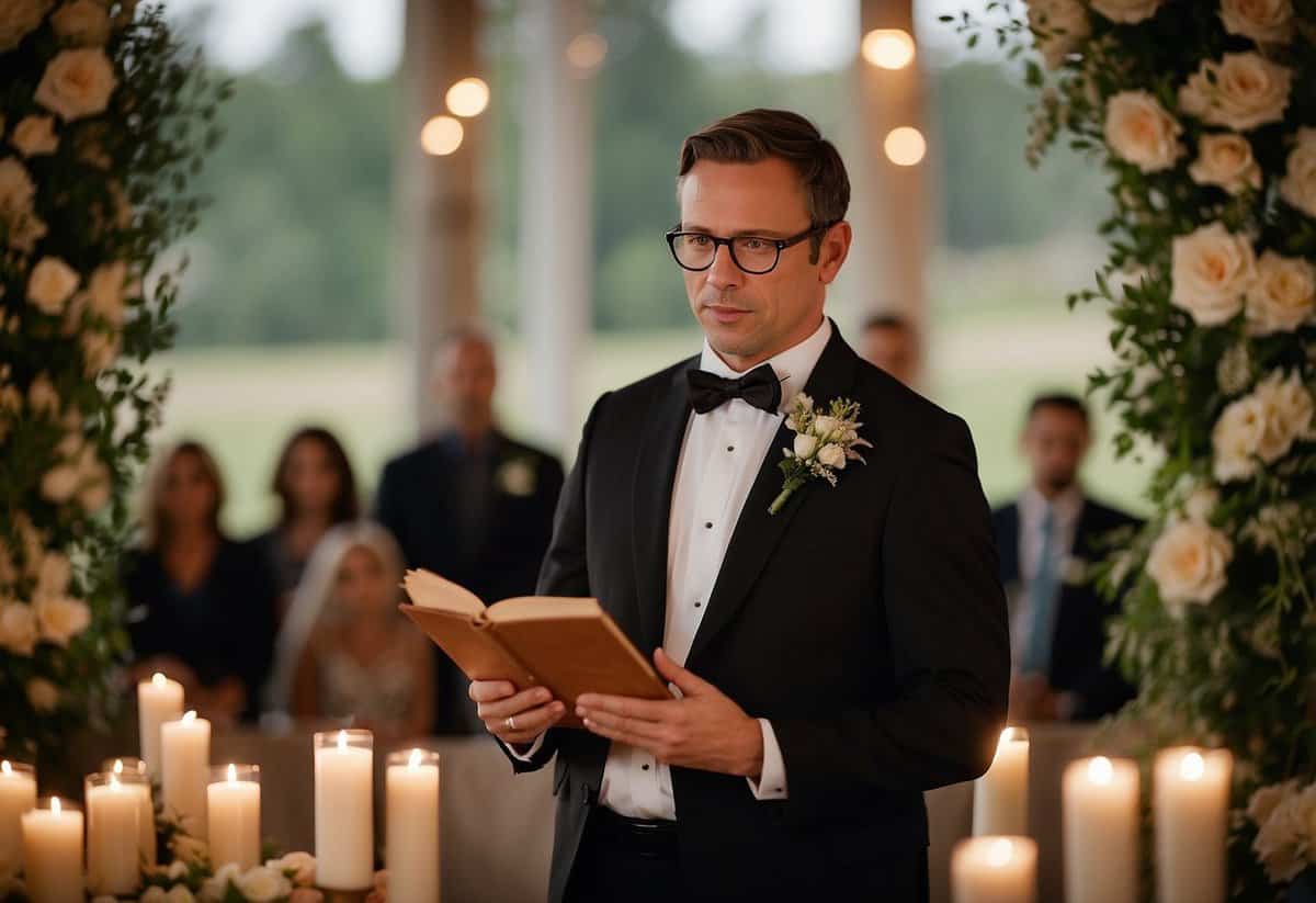 A wedding officiant stands at the altar, holding a book and speaking to the couple. Flowers and candles decorate the space, creating a romantic atmosphere