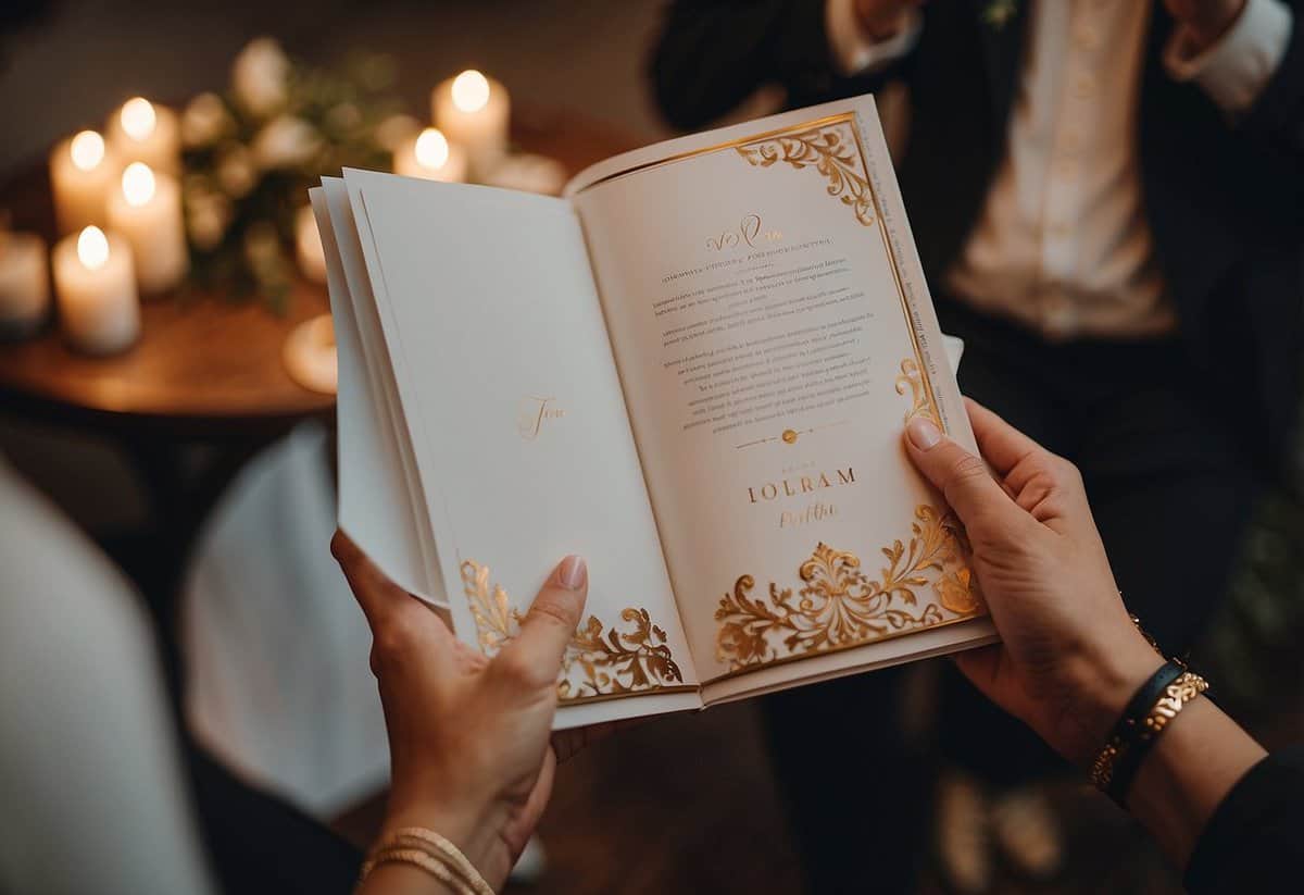 A wedding officiant holds a personalized vow book, surrounded by elegant decor and soft lighting