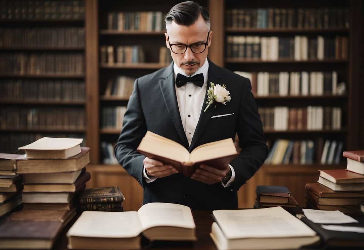 A wedding officiant consulting legal requirements, surrounded by books and paperwork, with a focused expression