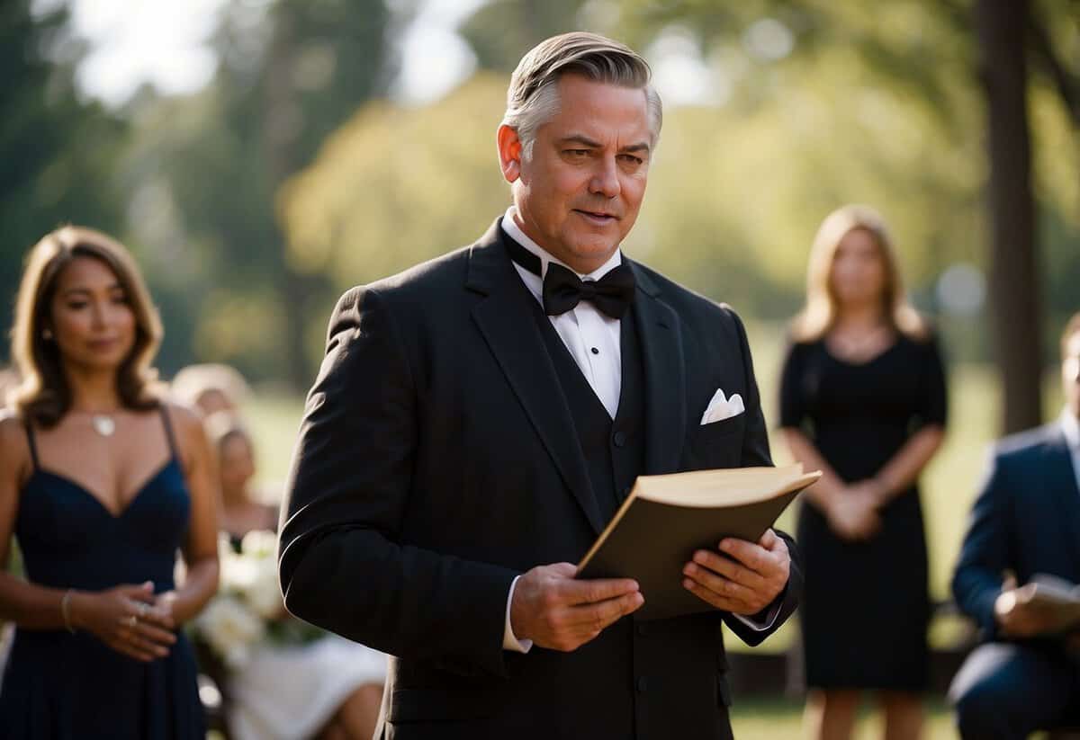 A wedding officiant stands confidently, holding a script, while rehearsing their lines with a warm and engaging tone