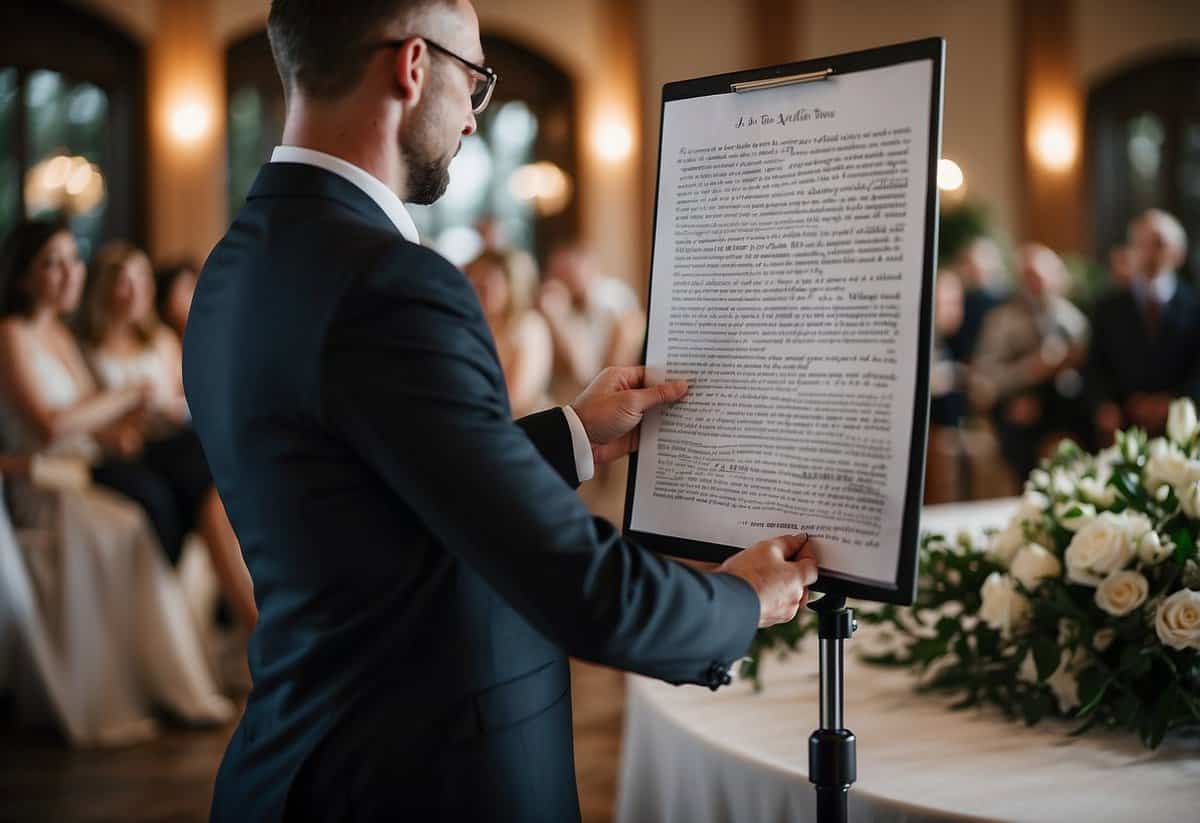 A wedding officiant holds a paper with wedding vows, while a computer screen displays a backup copy of the vows being saved