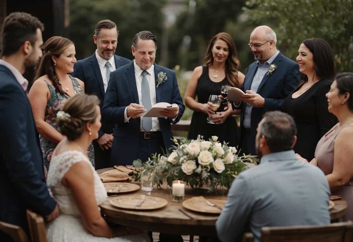 Vendors gather around a table, exchanging tips and advice. A wedding officiant shares insights while others listen and take notes