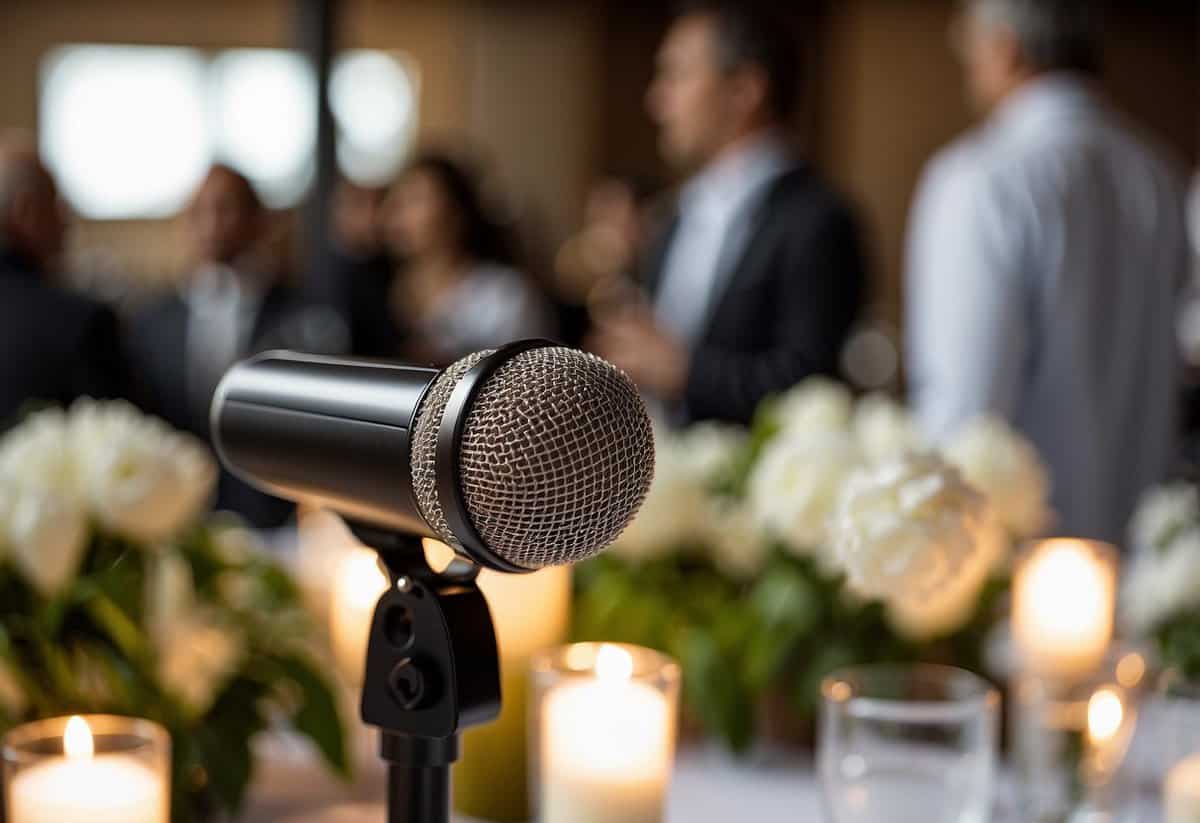 A microphone connected to a speaker system with clear sound. A wedding officiant's tips displayed nearby