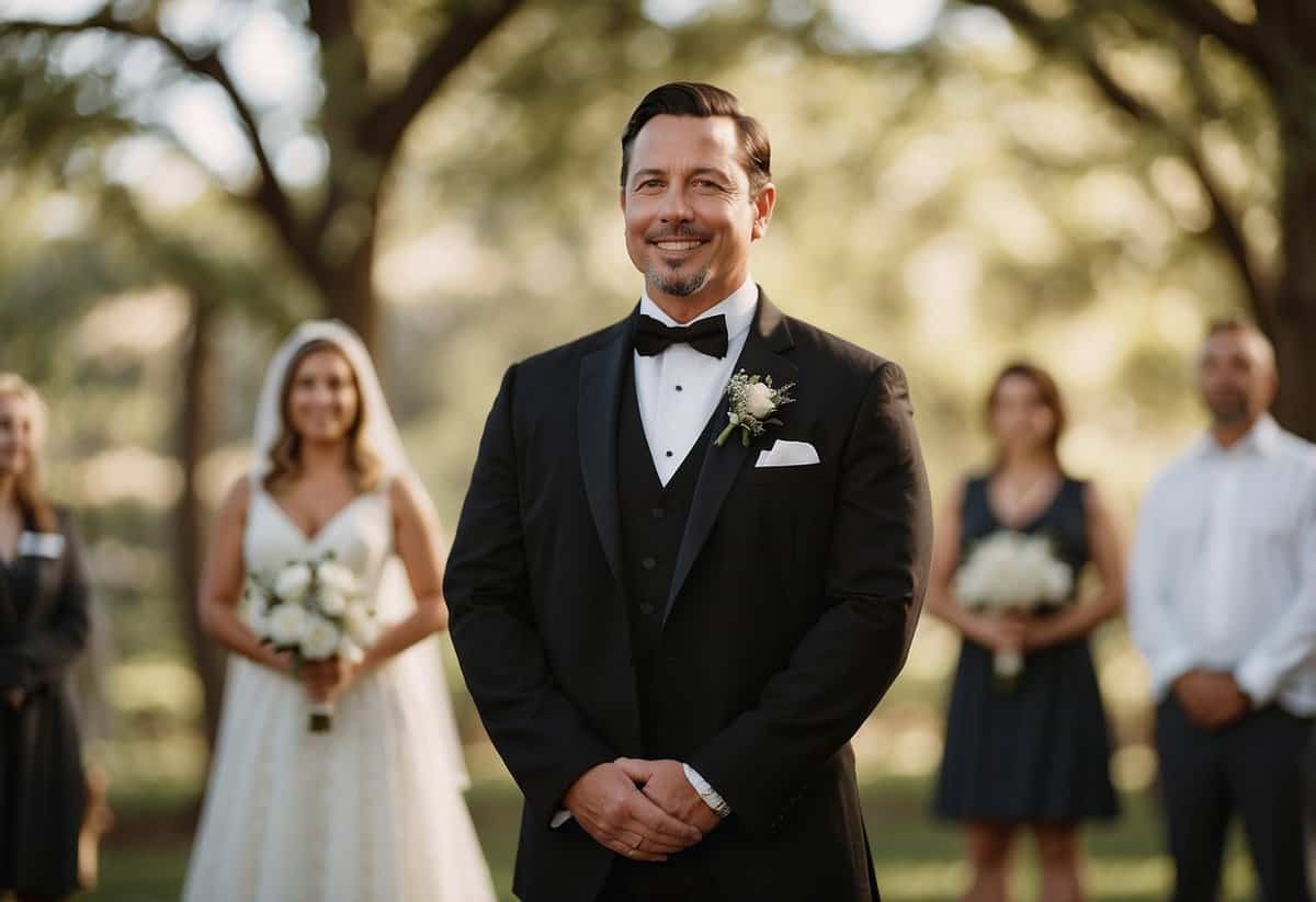 A confident wedding officiant stands before a serene backdrop, exuding calm and collected energy. The setting is peaceful and harmonious, with subtle hints of celebration in the air