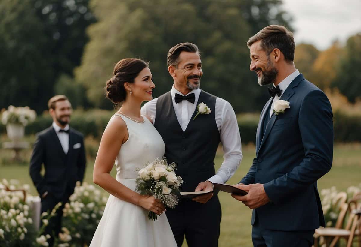 A wedding officiant stands in front of a couple, dressed in formal attire, with a serene and confident demeanor. The setting is elegant and tastefully decorated, creating a warm and inviting atmosphere