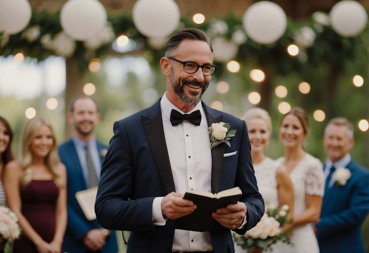 A wedding officiant stands at the altar, holding a script and speaking confidently. The couple looks on with smiles, surrounded by family and friends in a beautifully decorated venue