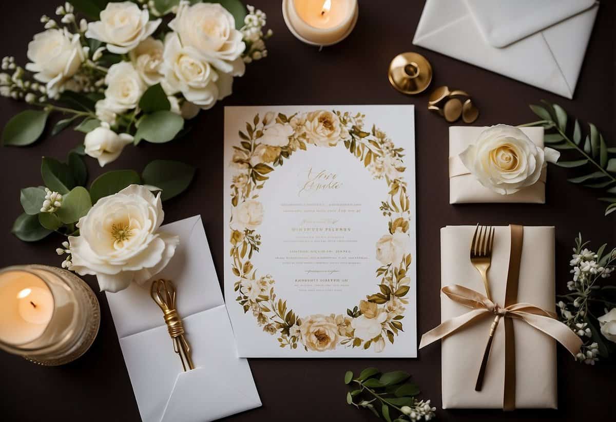 A table set with elegant calligraphy tools, floral motifs, and sample wedding invitations spread out for inspiration