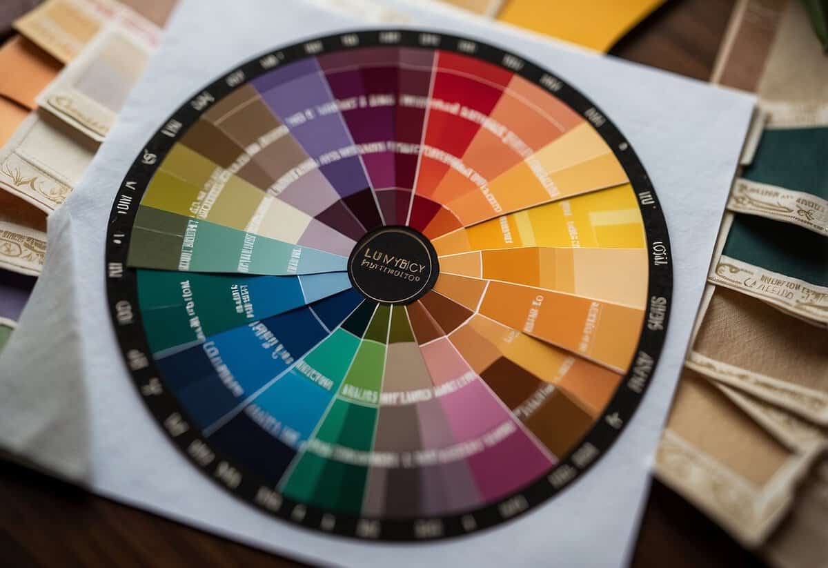 A color wheel with coordinating swatches and wedding invitation samples displayed on a table