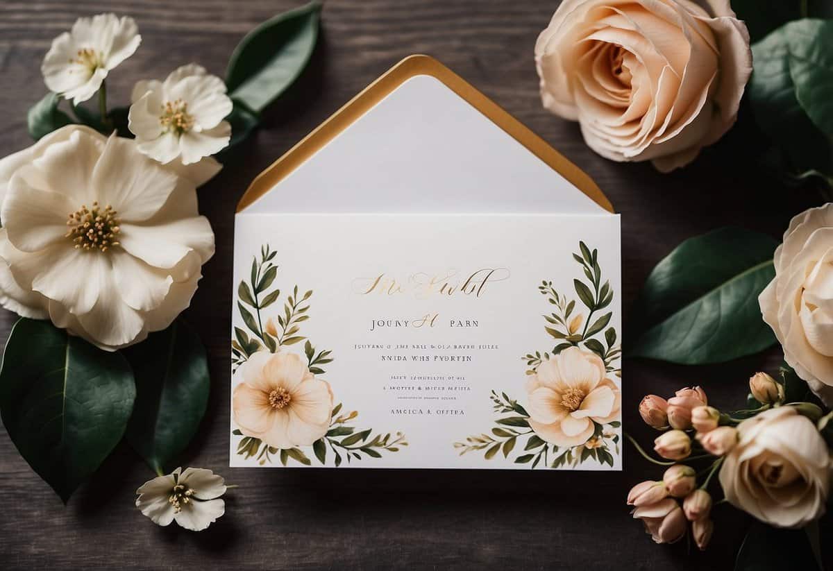 An elegant wedding invitation with a detachable RSVP card and envelope, surrounded by floral accents and calligraphy details
