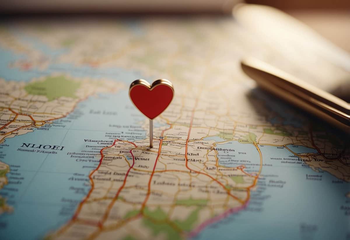 A map with a heart-shaped pin marks the wedding location. Directions and tips are neatly written around the map