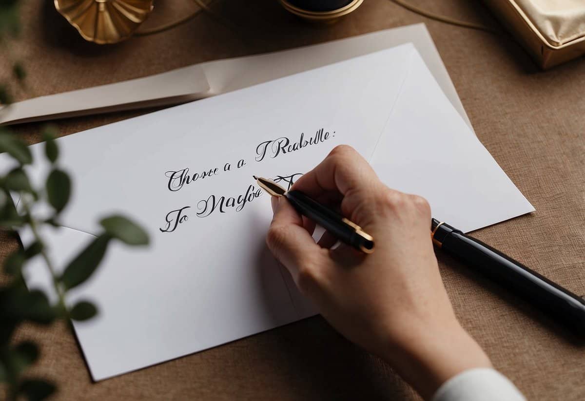 A hand holding a calligraphy pen, writing "Choose a readable font tips for wedding invitations" on a piece of elegant stationery