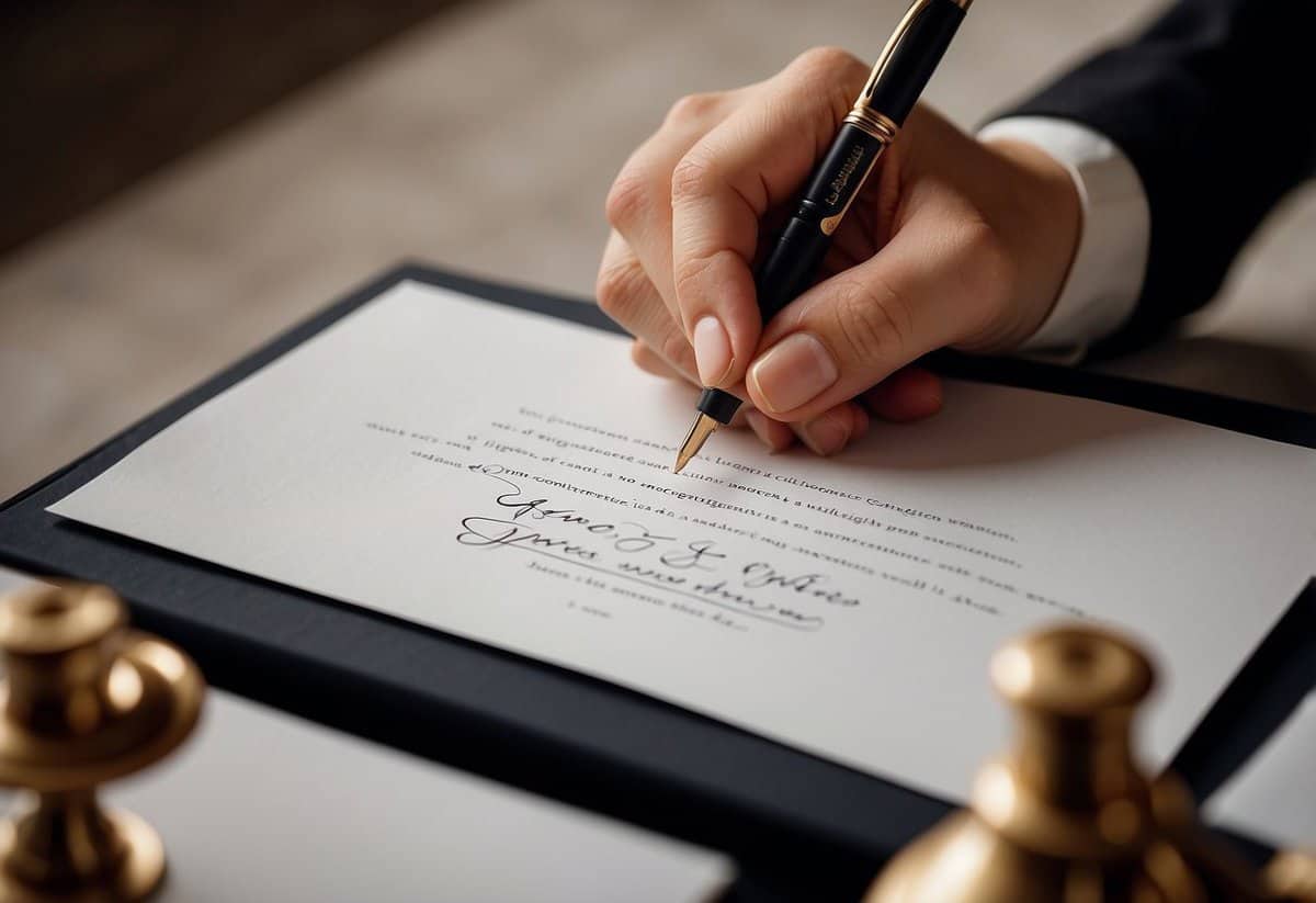 A hand holding a calligraphy pen, writing elegant wedding invitation wording on a piece of luxurious stationery