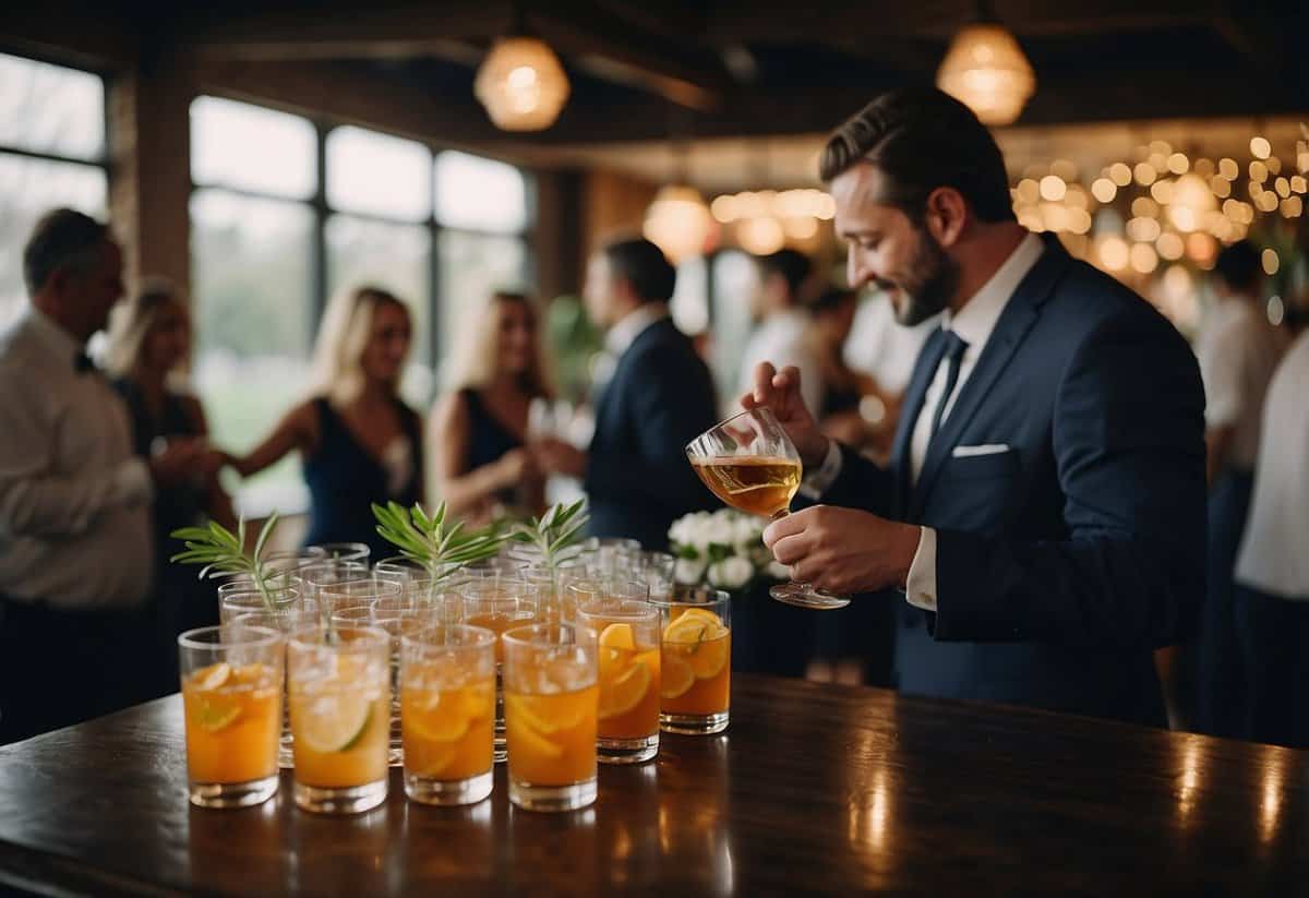 Bartender pouring drinks at a wedding reception, arranging glassware and garnishes on a polished bar counter. Guests mingling in the background, soft lighting and elegant decor