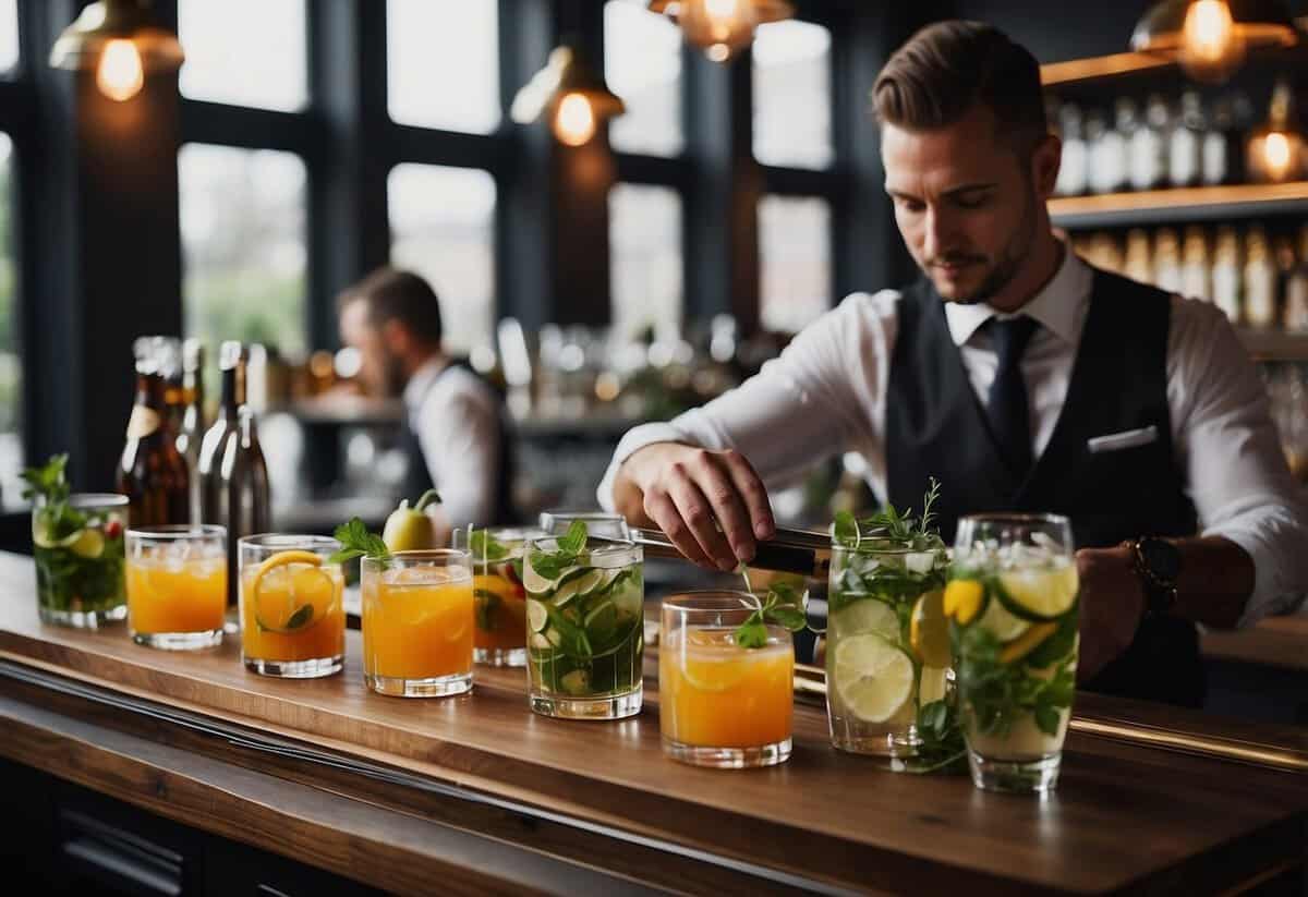 Bartender prepares a variety of non-alcoholic drinks for a wedding, arranging ingredients and garnishes on a stylish bar setup