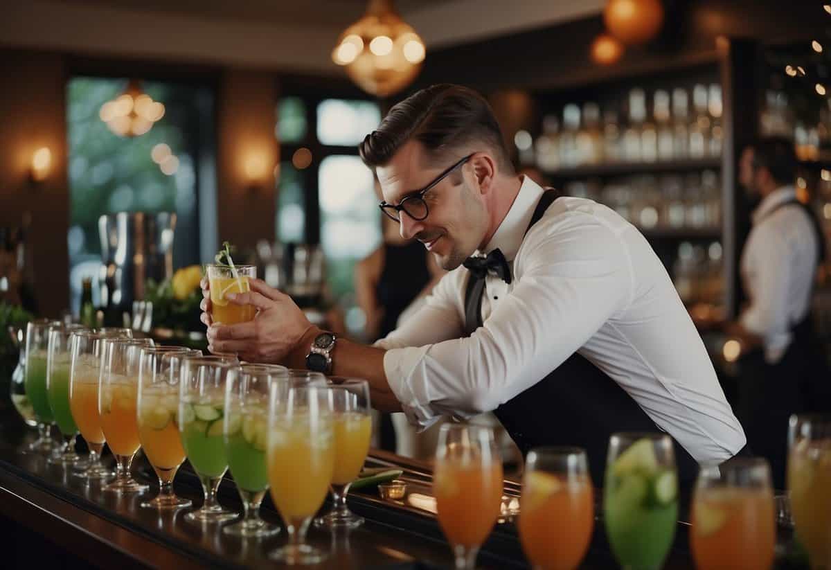 A professional bartender mixing cocktails at a wedding reception, surrounded by a variety of drink ingredients and glassware
