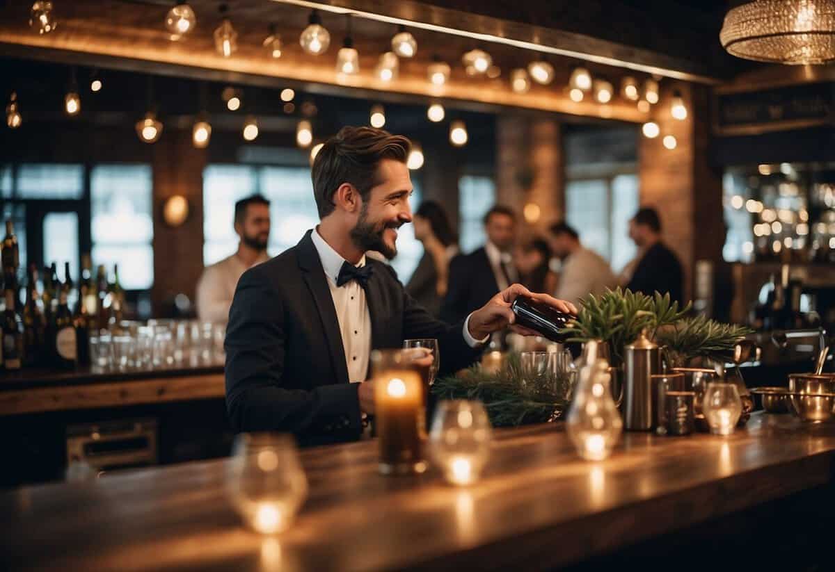 Bartender interacts with wedding guests, serving drinks and sharing tips