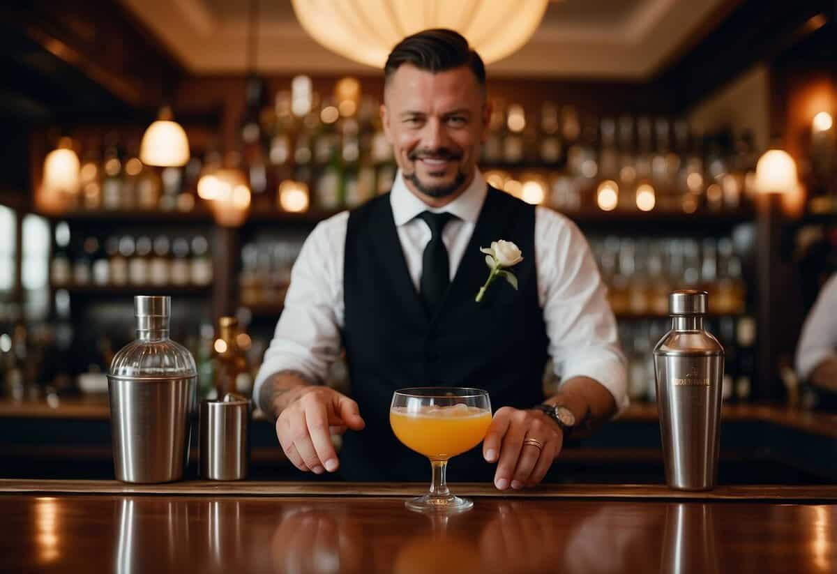 Bartender mixes classic cocktails at a wedding bar, surrounded by bottles, shakers, and garnishes