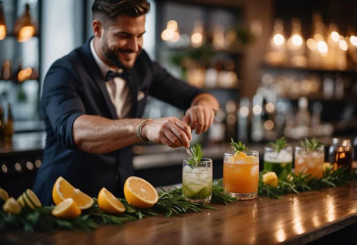 Bartender pouring drinks at a wedding bar, arranging garnishes, and serving guests with a smile