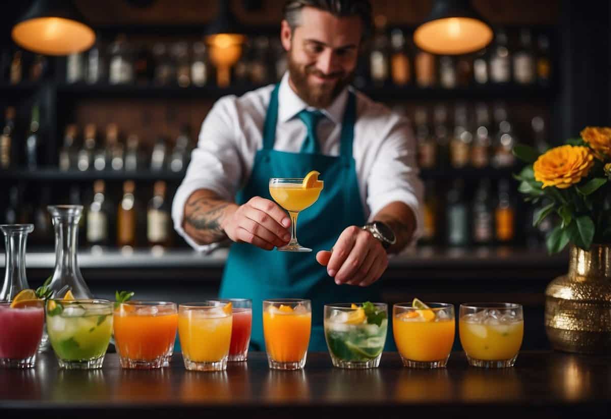 Bartender expertly mixes wedding cocktails with fresh ingredients and elegant glassware, creating a beautiful display of colorful and flavorful drinks