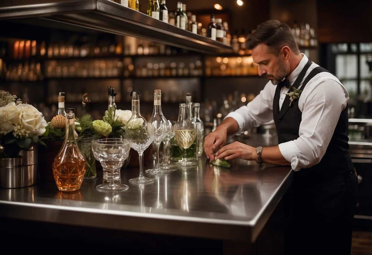 Bartender arranging glasses, bottles, and garnishes on a polished bar counter for a wedding reception