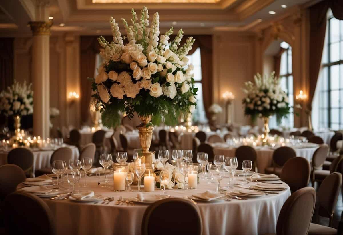 A grand ballroom adorned with elegant floral arrangements and soft candlelight, with a sophisticated champagne tower as the centerpiece