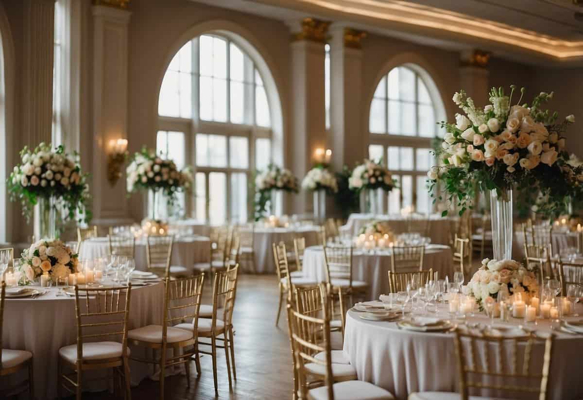 A grand ballroom adorned with elegant bouquets of classic flowers, creating a timeless and sophisticated ambiance for a wedding celebration