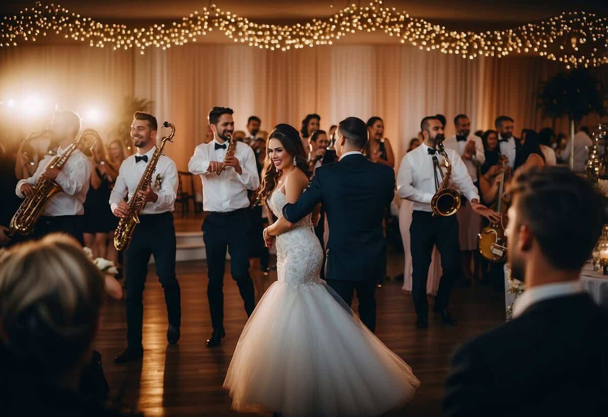 A live band performs at a wedding, with elegant decor and guests dancing