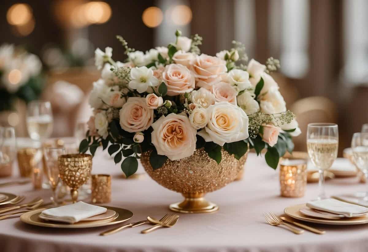 A chic color palette of blush, gold, and ivory arranged on a sleek table with elegant floral arrangements and luxurious fabrics