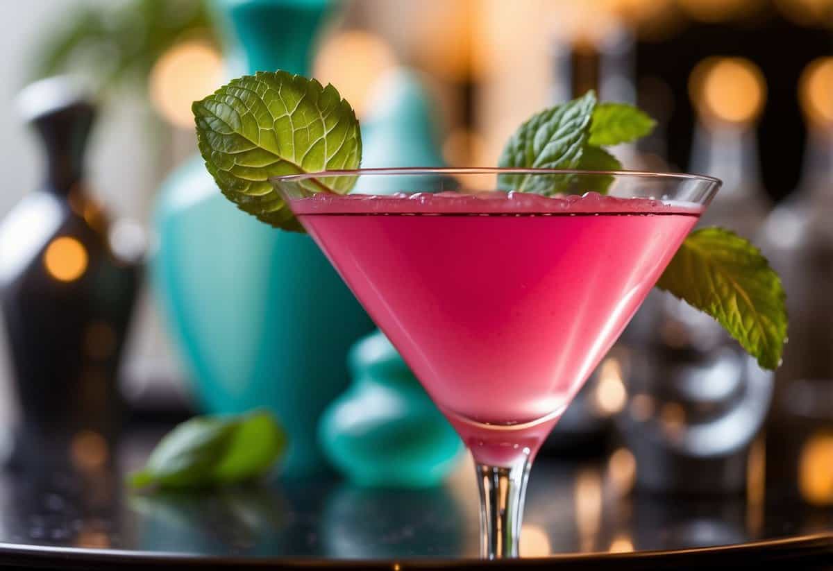 A crystal-clear martini glass sits on a marble bar, filled with a vibrant pink cocktail garnished with a twist of lemon and a sprig of fresh mint