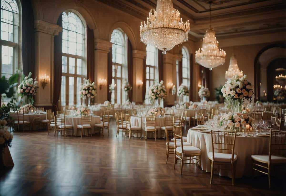 A grand ballroom with elegant chandeliers, ornate floral arrangements, and luxurious table settings