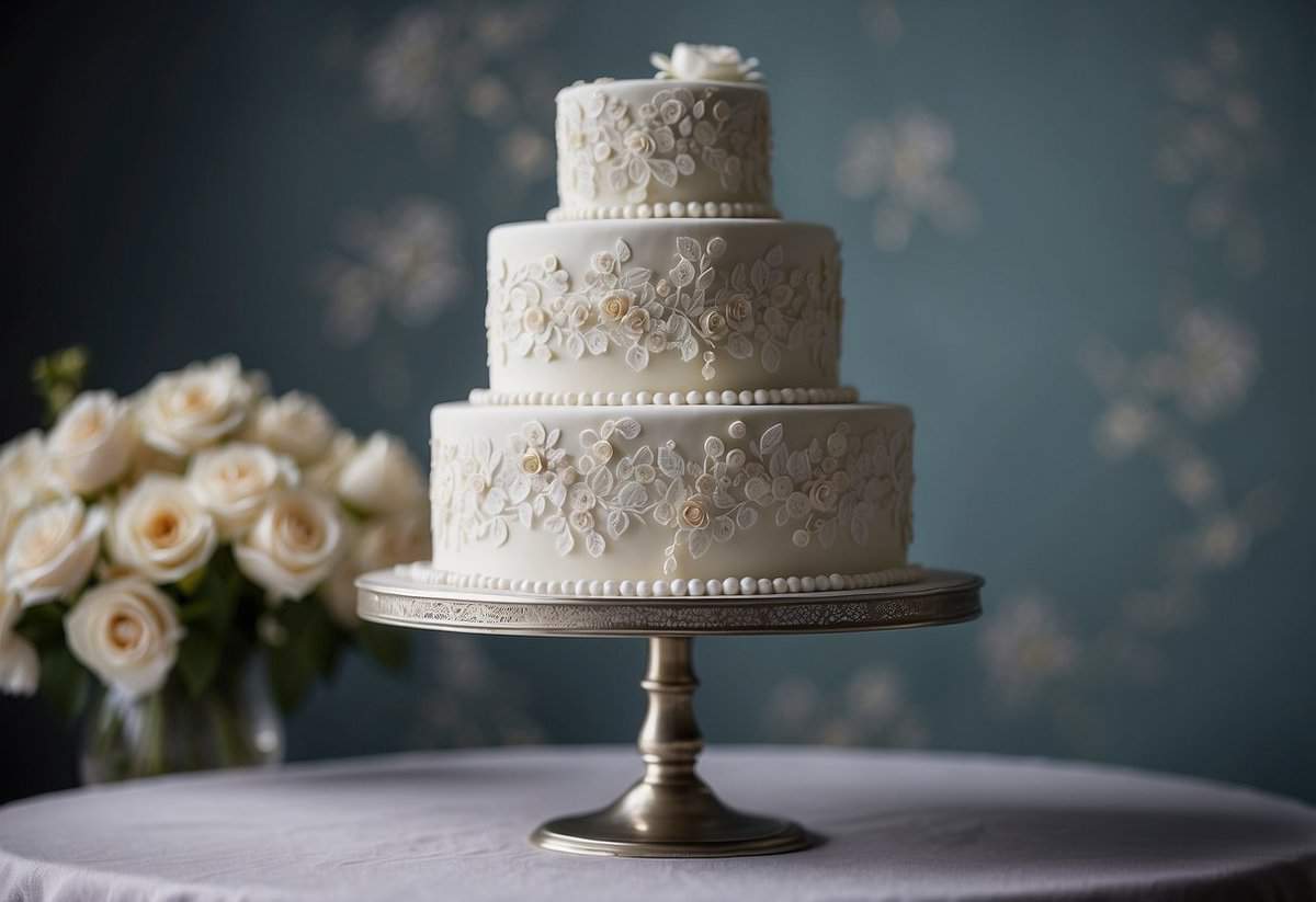 A three-tiered white wedding cake adorned with intricate lace and floral designs, sitting atop a silver cake stand on a table covered in delicate lace fabric
