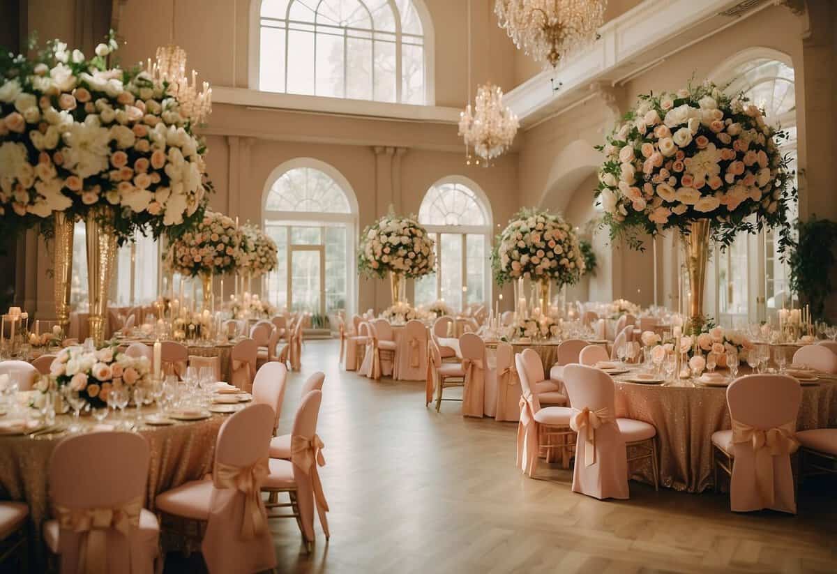 A luxurious wedding venue with gold and ivory accents, adorned with elegant floral arrangements in shades of blush and cream