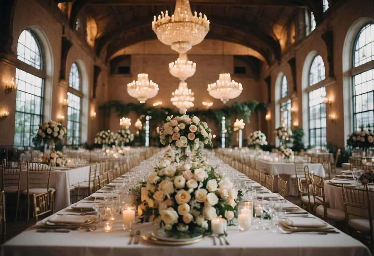 The elegant venue is adorned with luxurious floral arrangements, shimmering chandeliers, and opulent table settings, creating a sophisticated and classy ambiance for a wedding celebration