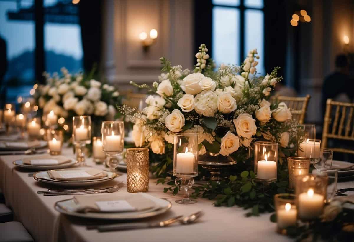 A beautifully decorated wedding reception with elegant table settings, soft lighting, and luxurious floral arrangements, creating a sophisticated and romantic atmosphere