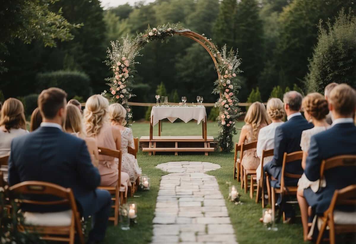 A cozy backyard ceremony with a simple arch and floral decorations. A small group of guests seated on wooden chairs, with a quaint table for the couple