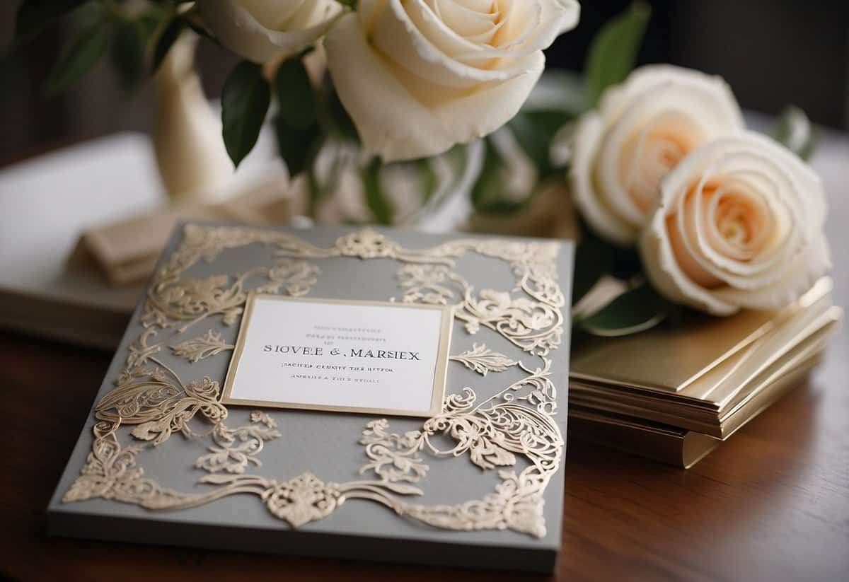 A stack of elegant, personalized wedding invitations arranged on a table with delicate calligraphy and intricate designs