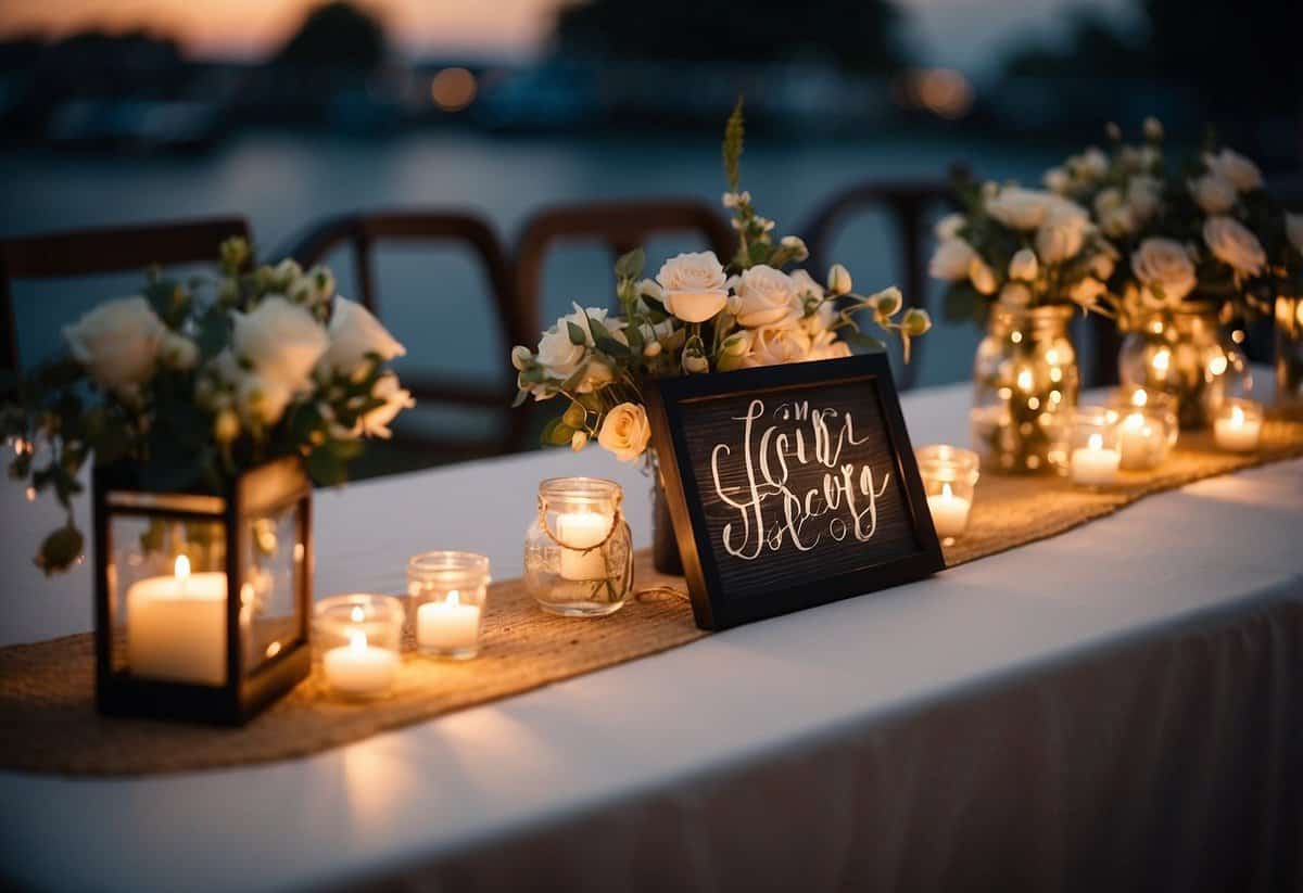 A table with handmade centerpieces, string lights, and personalized signage for a small wedding