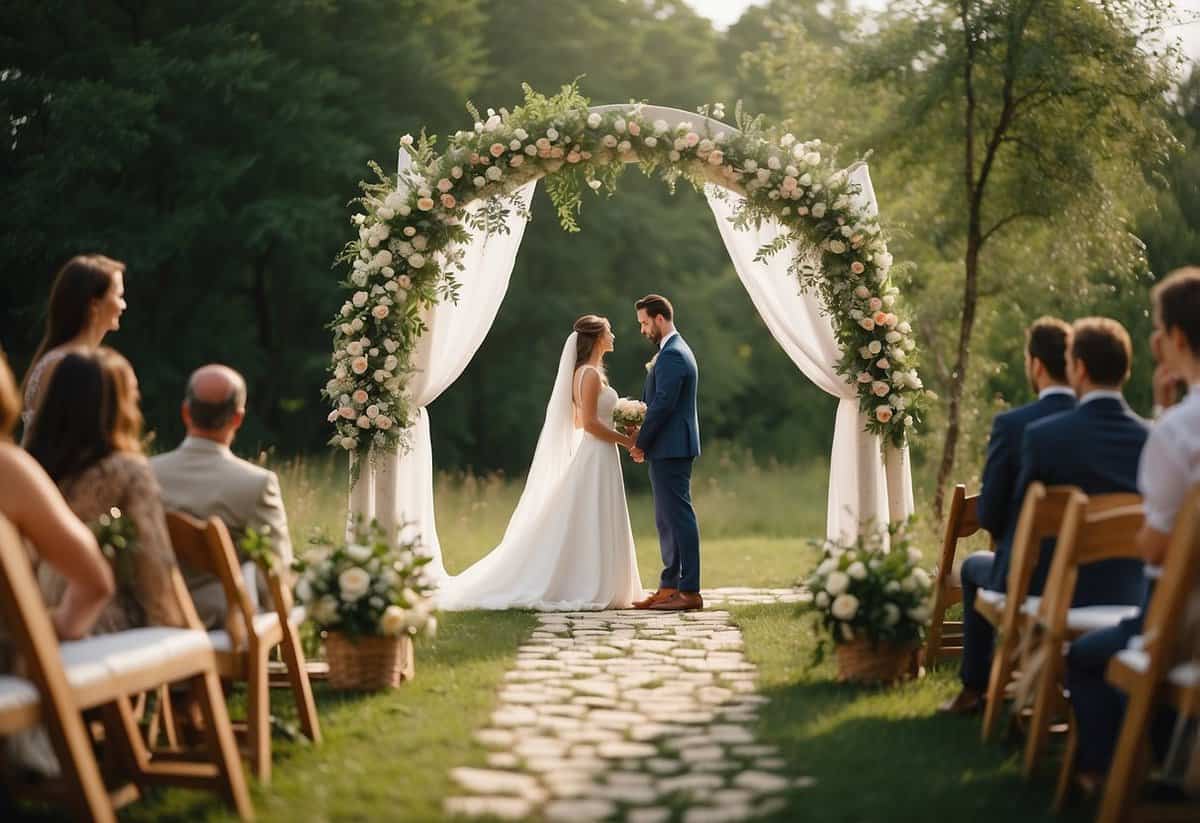 A small outdoor wedding ceremony with a simple arch, surrounded by nature and adorned with delicate flowers and greenery